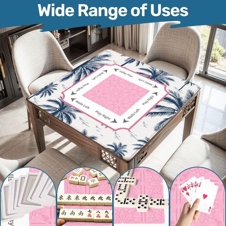 Pink coastal Mahjong mat styled on a clean wooden table with minimal accessories, highlighting elegant preppy design.