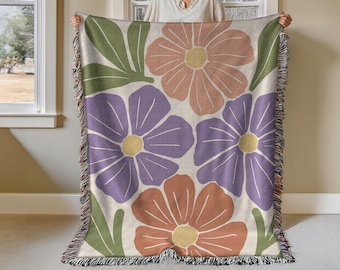 Boho Floral Woven Cotton Blanket: Colorful Tapestry Throw
