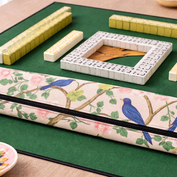Toile Mahjong Tile Rack Set, Chinoiserie Floral Bird Covers, Pink Mahjong Accessories