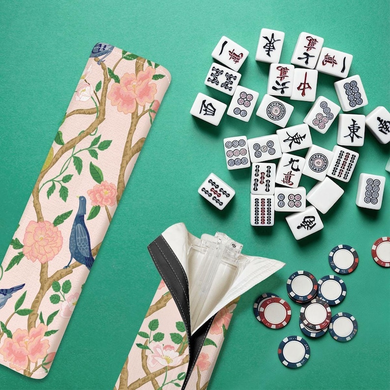 Toile Mahjong Tile Rack Set, Chinoiserie Floral Bird Covers, Pink Mahjong Accessories image 5