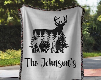 Personalized Family Name Woven Throw Blanket, Rustic Cabin Decor