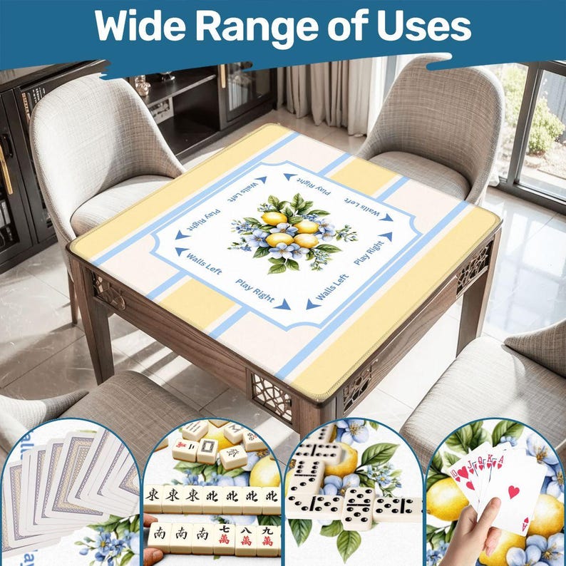 Lemon Floral Mahjong Mat, Coastal Yellow Blue Stripe Game Table Decor image 7