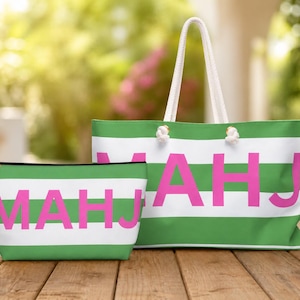 Large Green Striped MAHJ Pouch | Pink Preppy Mahjong Tile Organizer Bag