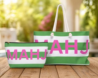 Bolsa grande de MAHJ a rayas verdes / Bolsa organizadora de fichas de Mahjong rosa estilo preppy