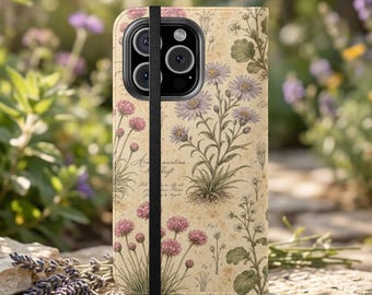 Custodia a libro vintage con motivo botanico e fiori selvatici per iPhone e Samsung Galaxy / Cover in stile libro floreale antico / Motivo ispirato alla natura e alla raccolta di frutti di mare