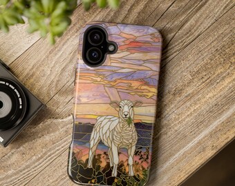 Cover per telefono con agnello in vetro colorato / Illustrazione di tramonto pastorale per iPhone e Samsung