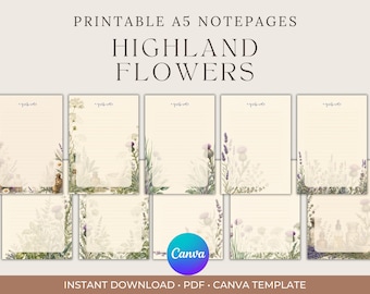Set di blocchi note stampabili Highland Botanicals – 10 disegni ad acquerello / Download digitale in formato A5 / Modello Canva modificabile