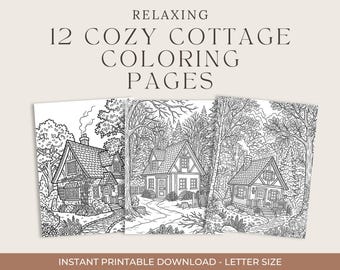 Disegni da colorare di un accogliente cottage / 12 scene cottagecore stampabili per l'arte a casa, per bambini e adulti (download in PDF)