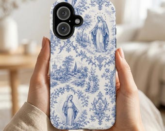 Cover per telefono Nostra Signora Toile de Jouy — Samsung Galaxy S26 / Floreale blu mariana e bianca / Regalo cattolico / Compatibile con MagSafe® a doppio strato