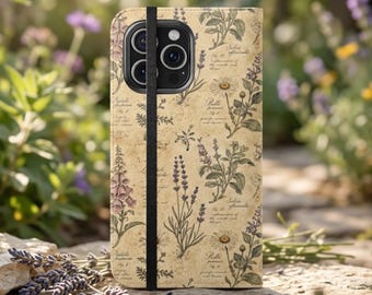 Custodia a libro vintage con motivo botanico ed erbe aromatiche / Portafoglio per telefono con stampa floreale e rustica di piante