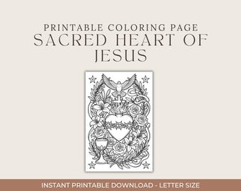 Disegno da colorare del Sacro Cuore di Gesù / Materiale stampabile cattolico per l'istruzione a casa, la Prima Comunione, le attività per le festività (download in PDF)