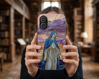 Custodia per telefono con immagine della Beata Vergine Maria in vetro colorato / Devozione cattolica, cover protettiva