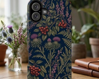 Custodia per telefono vintage con motivo botanico di cardi e bacche / Custodia magnetica resistente agli urti per iPhone e Samsung