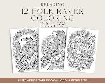 Disegni da colorare di corvi in stile folk / 12 pagine stampabili per l'arte a casa, libro da colorare estetico Ravencore per bambini e adulti