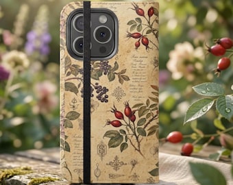 Custodia per telefono/portafoglio per telefono vintage con stampa botanica di cinorrodi, stampa rustica di piante