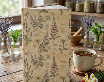 Diario botanico Field Notes con copertina rigida a righe, taccuino con digitale e margherita, diario di erboristeria, diario di raccolta di erbe selvatiche, ricettario di erbe.