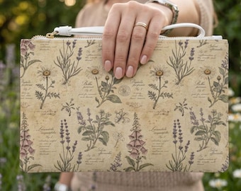 Pochette vintage con motivo botanico ed erbe aromatiche / Fantasia floreale, lavanda, camomilla / Ecopelle vegana