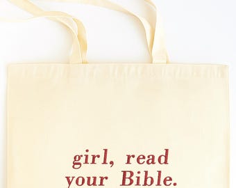 Christian Tote Bag, Embroidered Bible Study Tote Bag, Girl Read Your Bible Canvas Bag, Baptism Present, Bible Study Journaling Bag
