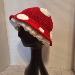 Crochet Mushroom Hat-Handmade Cottagecore Toadstool Hat, Whimsical Cosplay Cap, Red & White Fairycore Bucket Hat- Customizable Options