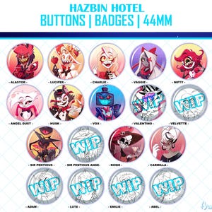 Peut inclure: Ensemble de 16 badges Hazbin Hotel ronds, chacun de 44 mm de diamètre. Les badges présentent des illustrations colorées de personnages, dont Alastor, Lucifer, Charlie, Vaggie, Nifty, Angel Dust, Husk, Vox, Valentino et Velvette.