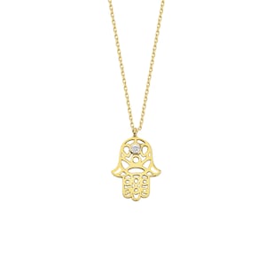 14K Solid Gold Hamsa Necklace - Real Gold Hand of Fatima Necklace - Minimalist Projection Hamsa Charm Pendant -  Gold Evil Eye Necklace