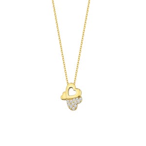 Collar de tres corazones en oro macizo de 14 quilates. Colgante de corazón con piedras preciosas naturales en oro. Delicado collar de oro. Idea de regalo para tu novia.