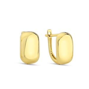 14K Solid Gold Oval Chunky Earrings - Dainty Real Gold Hoop Earrings - Minimalist Gold Modern Huggie Earrings - 14K Gold Unique Earrings