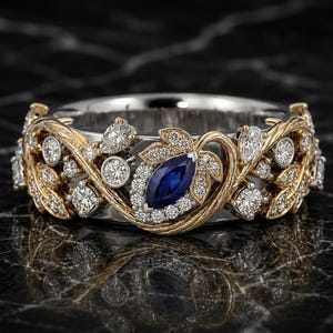 May include: A two-tone ring featuring a central marquise-cut blue sapphire surrounded by small round diamonds. The band is crafted with yellow gold leaf-like filigree accents and white gold, incorporating multiple round and pear-cut diamonds.