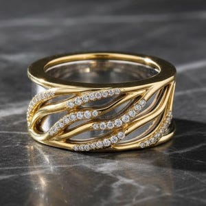 Round Cut Diamond Pave Oura Ring Gen 5 Cover, 14K Gold Plated Wave Ring Jacket, Criss Cross Smart Ring Enhancer, Wide Wedding Band Guard