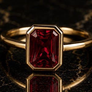 Radiant Cut Ruby Bezel Ring, July Birthstone Engagement Ring, 14K Gold Plated Solitaire Ring, Red Gemstone Ring, Minimalist Wedding Jewelry
