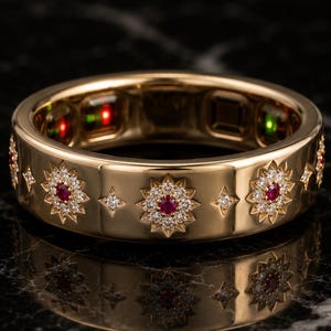 May include: A gold band ring featuring a repeating pattern of star-shaped motifs. Each star contains a central round red ruby surrounded by a halo of small white diamonds. Smaller four-pointed diamond stars are set between the larger motifs.