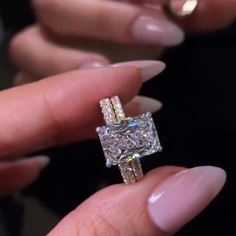 3.5CT Radiant Cut Moissanite Bridal Set, 14K Solid Gold Engagement Ring ...