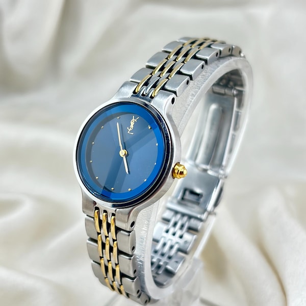 Reloj vintage Yves Saint Laurent YSL con esfera azul y pulsera de dos tonos, 100 % auténtico