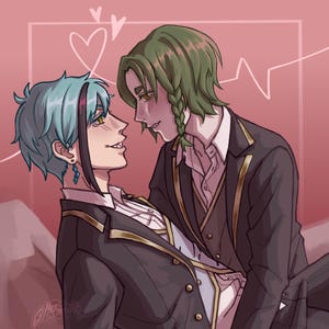 May include: Two men in black suits with gold trim, one with green hair and the other with blue hair, are looking at each other with smiles. The background is pink with hearts and a heart beat line.