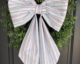 Oversized Patriotic Fabric Bow, Light Blue Stars and Stripes, Wreath Bow, 4th of July Bow, Front Door Bow