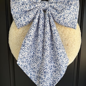 Oversized Blue Floral Door Bow | Cottage Front Door Decor | Wreath Bow