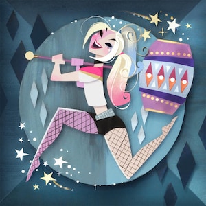 May include: A colorful illustration of a woman with a pink and blue wig, wearing a white shirt, black shorts, and fishnet stockings. She is holding a mallet and is surrounded by stars and diamonds.
