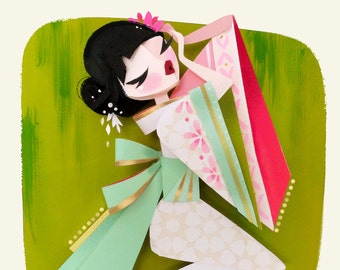 May include: A papercraft illustration of a woman in a green, white, and pink kimono with a gold sash. The woman is sitting on a green background.