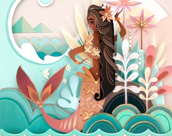 May include: A papercraft illustration of a mermaid with brown hair and a flower crown. She is wearing a green and white floral dress and is surrounded by tropical plants and a blue wave.