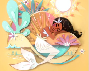 May include: A vibrant illustration of a mermaid resting on a crescent moon. The artwork features a mermaid with dark hair and a white tail, surrounded by stylized coral, flowers, and a sunburst design, all set against a yellow background.