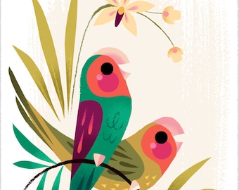 May include: Two stylized birds with pink, green, and yellow plumage are perched on a branch with green leaves and yellow flowers. The birds are singing with their beaks open.