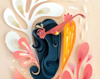 May include: A paper cut-out illustration of a mermaid with long dark hair and a yellow top. The mermaid is surrounded by white, pink, and orange paper cut-out shapes, creating a whimsical underwater scene. The background is a soft peach colour.