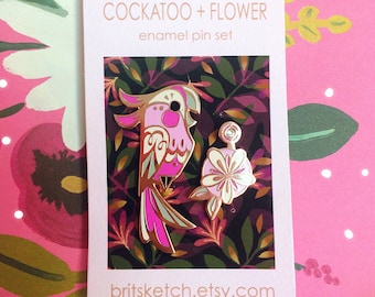 Cockatoo + Flower Enamel Pin Set