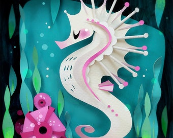 May include: A white paper seahorse with pink accents and a crown on its head. The seahorse is surrounded by green paper seaweed and blue paper water.