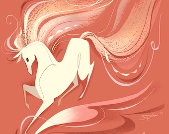May include: A white stylized horse with a flowing pink and orange mane and tail. The horse is running with its head tilted back. The background is a solid coral color.