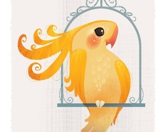 May include: A yellow and orange bird with a curly crest sits on a perch inside a blue metal cage. The bird has a small, round body and a long, pointed beak.