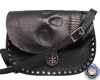 Human skull purse, realistic human skull, biker bag, cross body bag, skull cross body purse, black skull bag, black leather cross body bag
