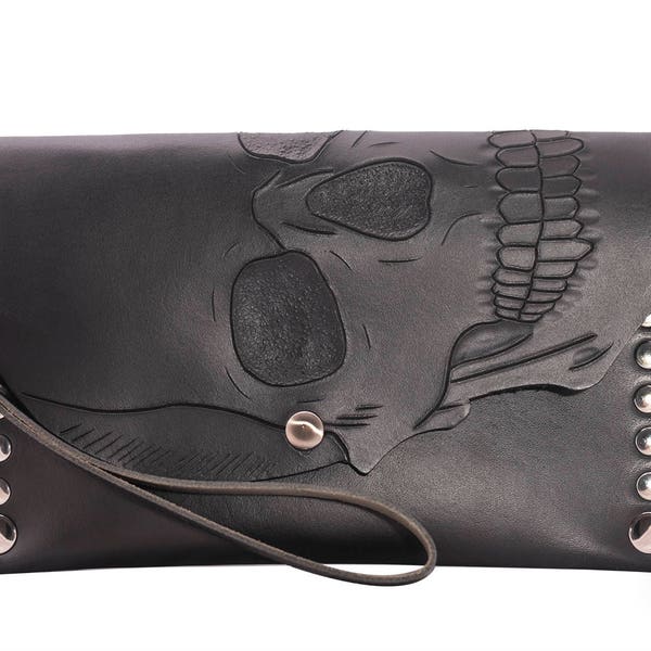 Envelope clutch, foldover clutch, leather folder bag, halloween gift, human skull wallet, skull wallet, skull wallet leather