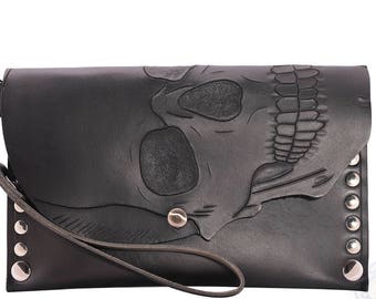 Envelope clutch, foldover clutch, leather folder bag, halloween gift, human skull wallet, skull wallet, skull wallet leather