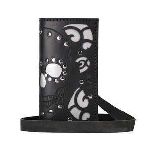 Cartera de cráneo de señoras, cartera de cuero, cartera tallada de cuero largo, cartera de motociclista personalizada, embrague, cráneo de azúcar